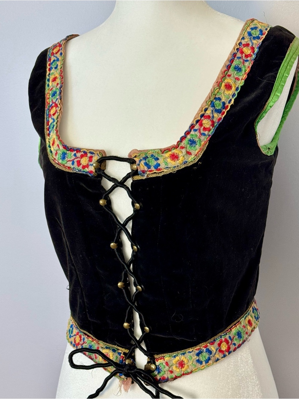Vintage Polish/German Folk Woman’s Bodice Black Velvet Embroidered Lace-Up
